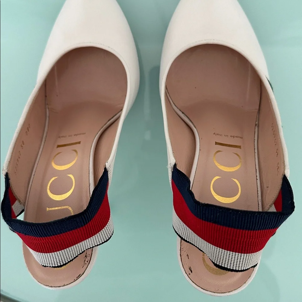 Gucci White Leather Sylvia Elastic Slingback Heels  Box & Two Dust Bags